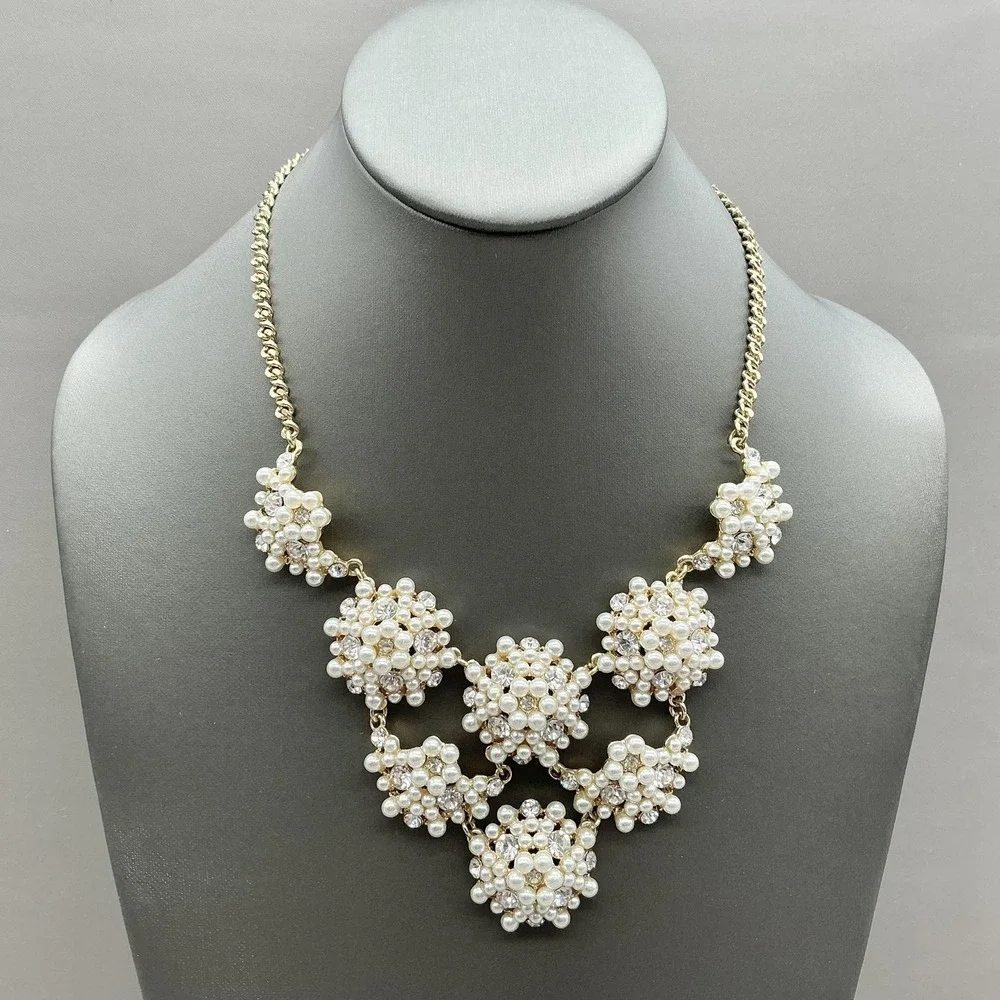 Charter Club Necklace Pearl‎ Rhinestone Cluster Bib Gold Tone Womens Statement